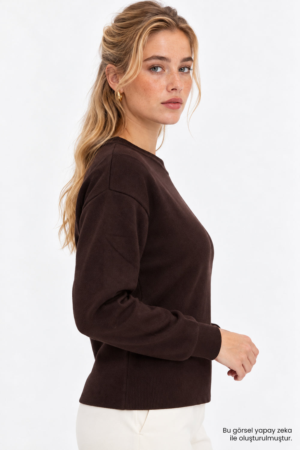 Bisiklet Yaka Uzun Kollu Ribanalı Kahverengi Sweatshirt