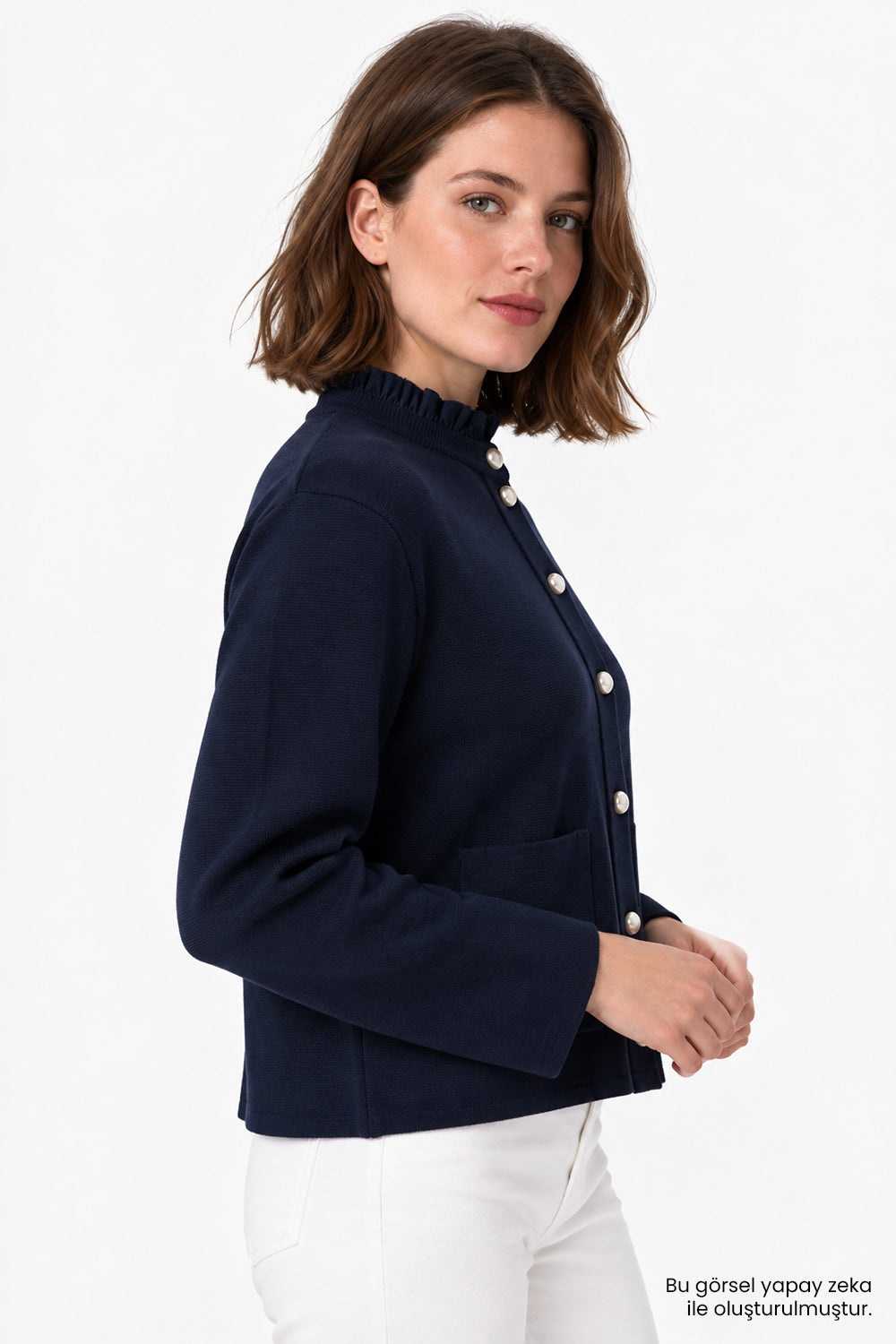 Denim Garnili Çıkarılabilir Yaka Regular Lacivert Triko Hırka