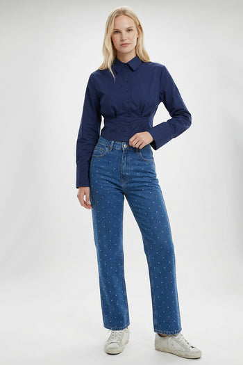 Taşlı Geniş Paça Yüksel Bel Regular Denim İndigo Pantolon