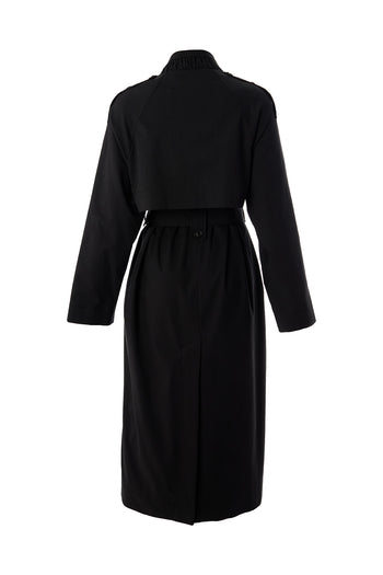 Dik Yaka Kemerli Regular Uzun Siyah Trençkot