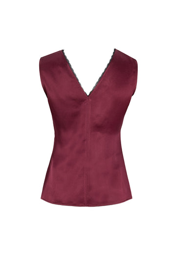 V Yaka Slim Fit Saten Görünümlü Vişne Bluz