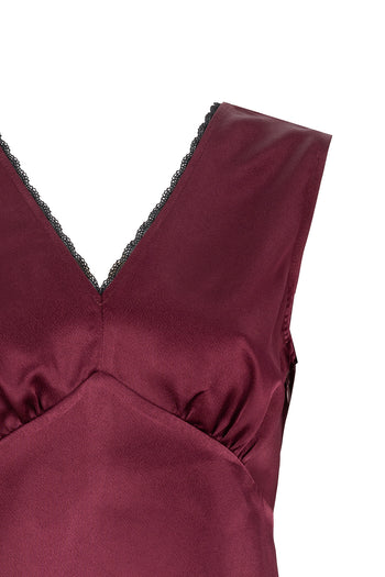 V Yaka Slim Fit Saten Görünümlü Vişne Bluz