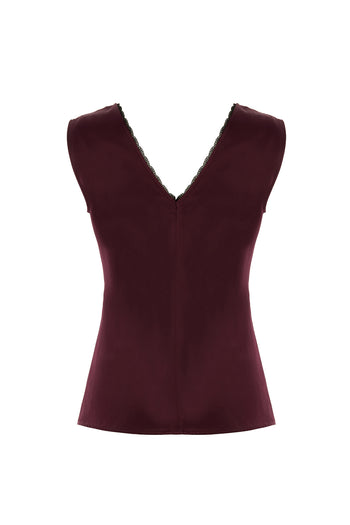 V Yaka Slim Fit Saten Görünümlü Vişne Bluz