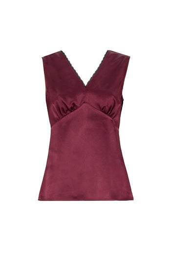 V Yaka Slim Fit Saten Görünümlü Vişne Bluz