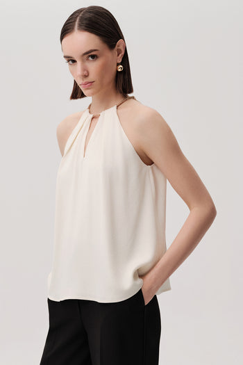 Zincir Detaylı Halter Yaka Regular Krem Bluz