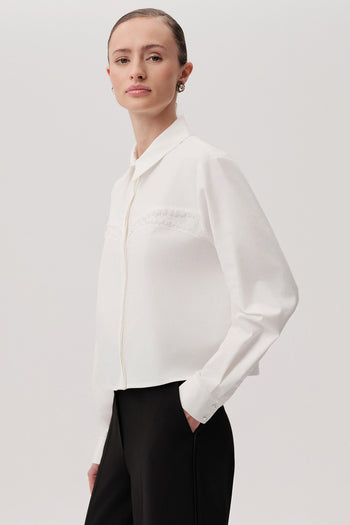 Pamuklu Uzun Kol Kristal Taşlı Slim Fit Kemik Gömlek