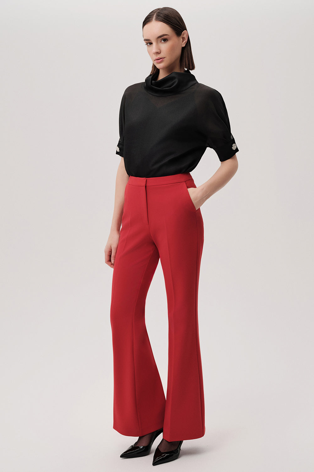 İspanyol Paçalı Regular Cepli Kırmızı Pantolon