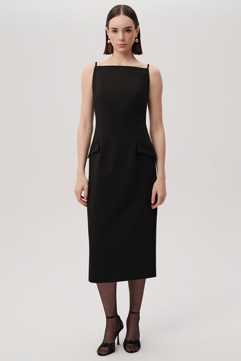 Kayık Yaka Kolsuz Regular Dokuma Siyah Midi Elbise