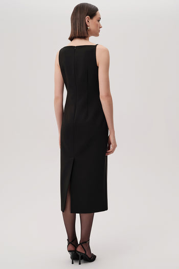 Kayık Yaka Kolsuz Regular Dokuma Siyah Midi Elbise