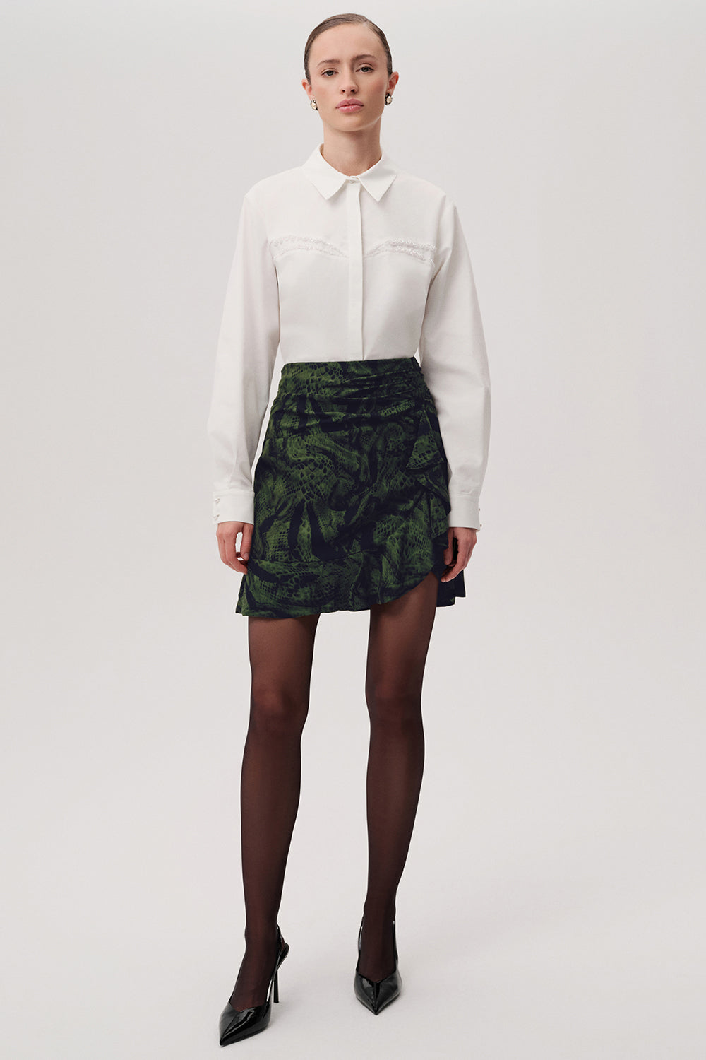 Yılan Desenli Slim Fit Mini Yeşil Etek