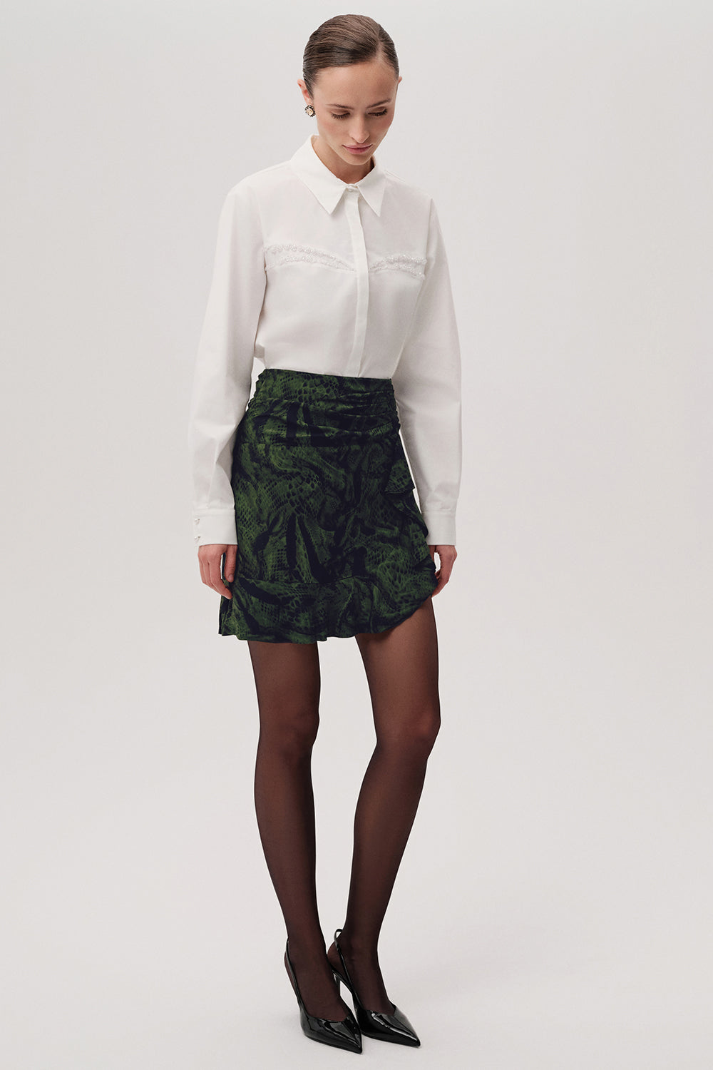 Yılan Desenli Slim Fit Mini Yeşil Etek