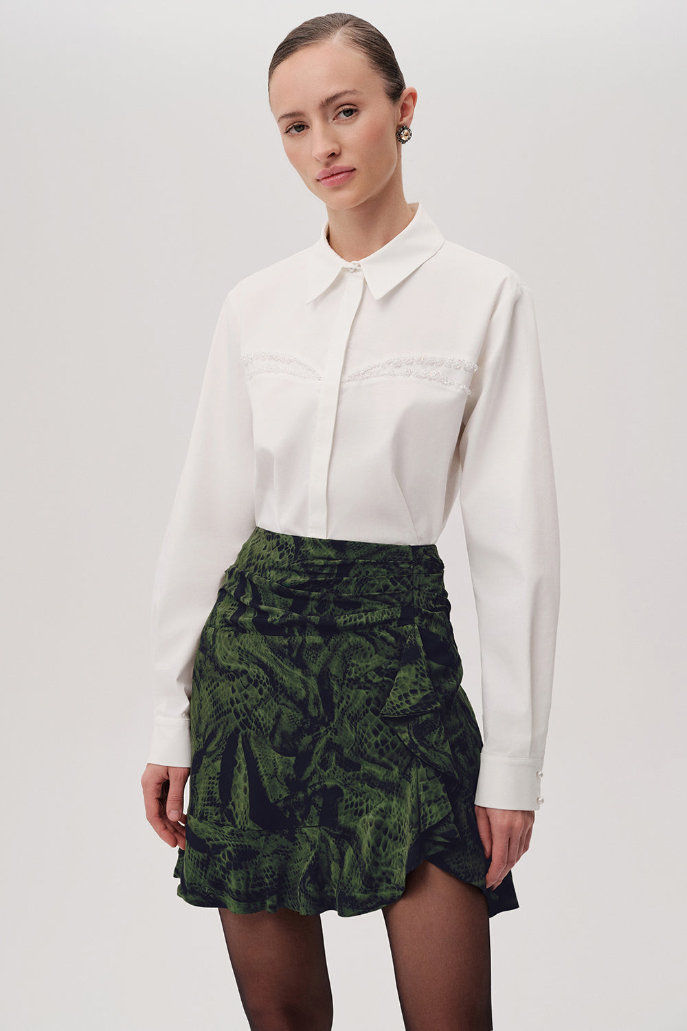 Yılan Desenli Slim Fit Mini Yeşil Etek