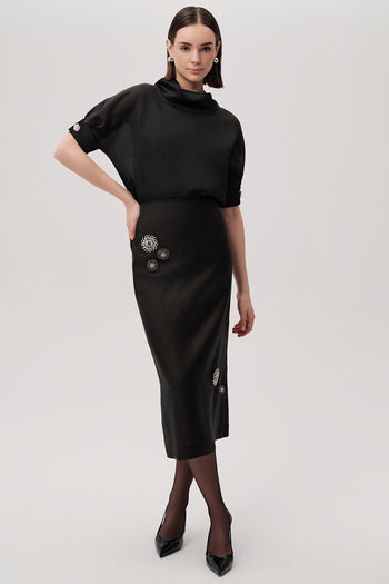 Aksesuar Detaylı Slim Fit Midi Siyah Etek