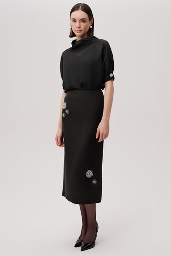 Aksesuar Detaylı Slim Fit Midi Siyah Etek