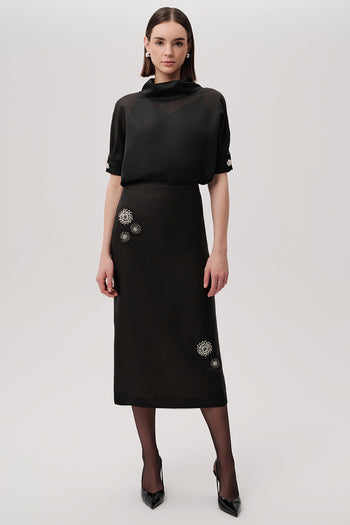 Aksesuar Detaylı Slim Fit Midi Siyah Etek