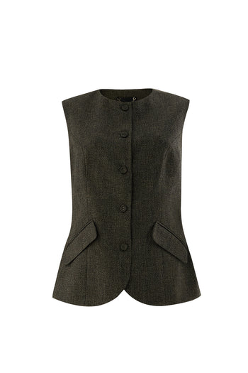 Balıksırtı Desenli Bisiklet Yaka Astarlı Slim Fit Cepli Gri Yelek