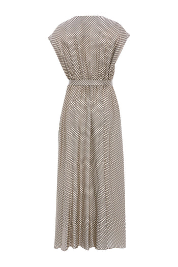 Desenli Degaje Yaka Kemerli Kolsuz Slim Fit Midi Elbise