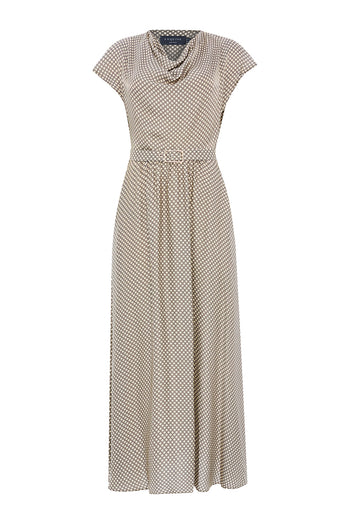 Desenli Degaje Yaka Kemerli Kolsuz Slim Fit Midi Elbise