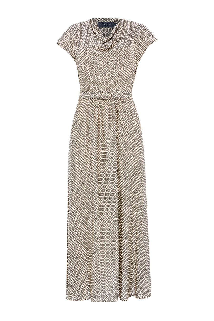 Desenli Degaje Yaka Kemerli Kolsuz Slim Fit Midi Elbise