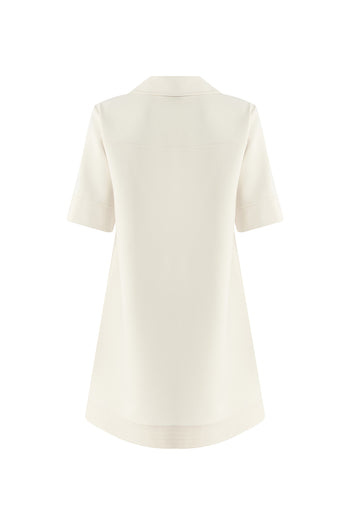 Gömlek Yaka Kısa Kollu Oversize Cepli Krem Mini Elbise