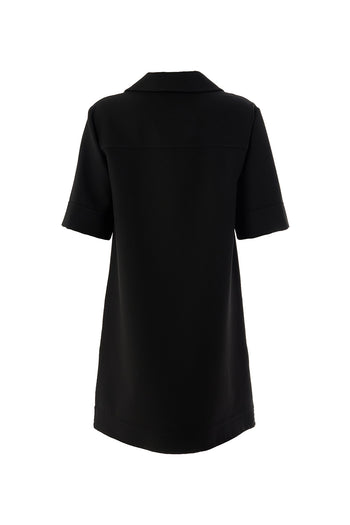 Gömlek Yaka Kısa Kollu Oversize Cepli Siyah Mini Elbise