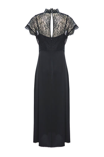 Dantel Detaylı Kısa Kollu Regular Saten Midi Siyah Elbise