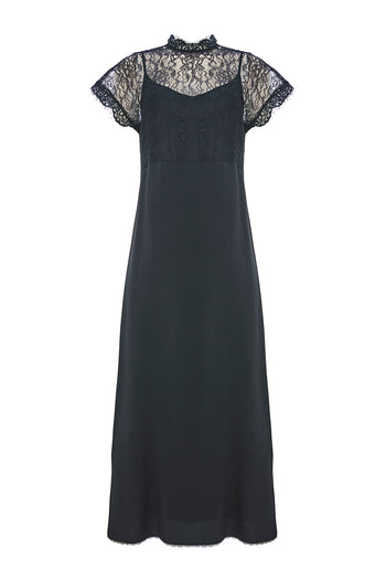 Dantel Detaylı Kısa Kollu Regular Saten Midi Siyah Elbise