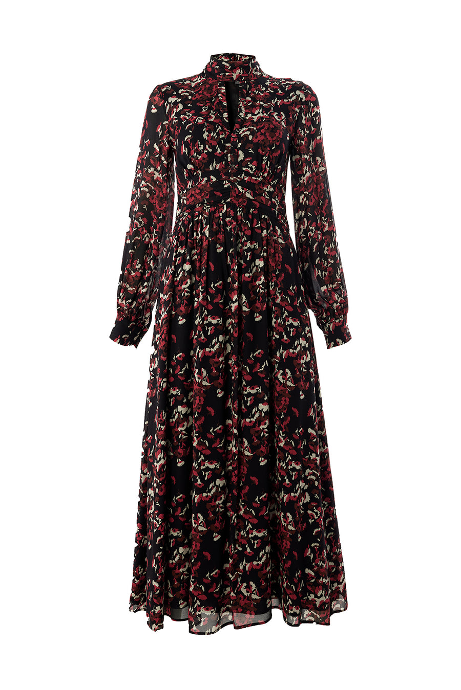 Desenli Uzun Kollu Damla Yaka Slim Fit Astarlı Midi Elbise