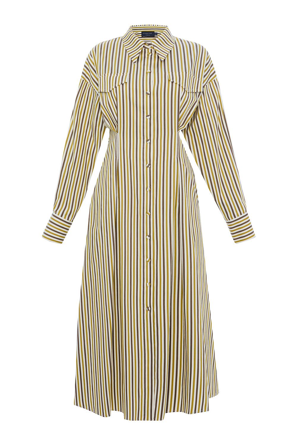 Çizgili Gömlek Yaka Uzun Kollu Slim Fit Çok Renkli Midi Elbise