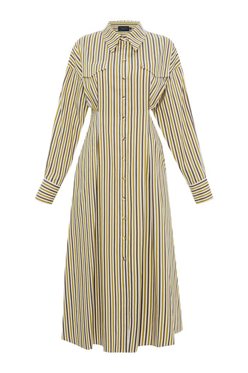 Çizgili Gömlek Yaka Uzun Kollu Slim Fit Çok Renkli Midi Elbise