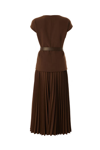 Bisiklet Yaka Kemerli Plisoley Slim Fit Midi Kahve Elbise