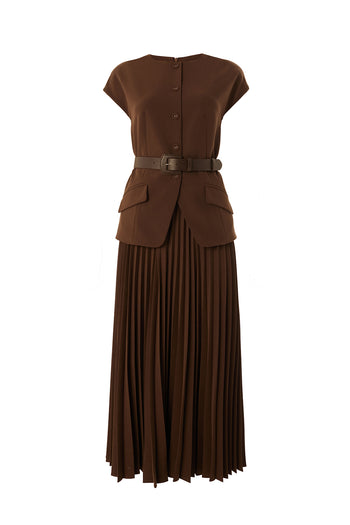 Bisiklet Yaka Kemerli Plisoley Slim Fit Midi Kahve Elbise