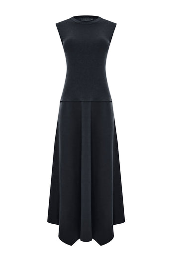 Bisiklet Yaka Triko Garnili Asimetrik Kesim Slim Fit Midi Siyah Elbise