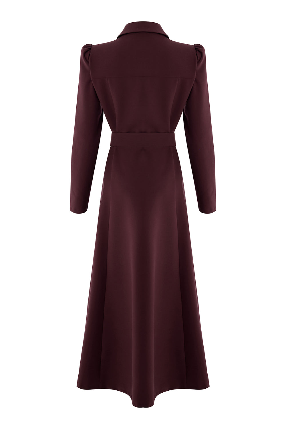 Önden Fermuarlı Kemerli Uzun Kol Slim Fit Vişne Midi Elbise
