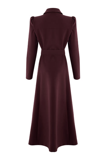 Önden Fermuarlı Kemerli Uzun Kol Slim Fit Vişne Midi Elbise