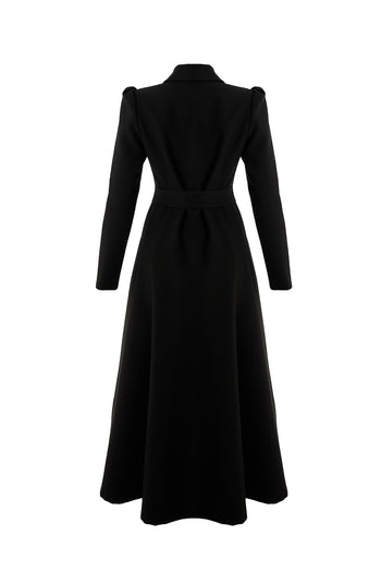 Önden Fermuarlı Kemerli Uzun Kol Slim Fit Siyah Midi Elbise