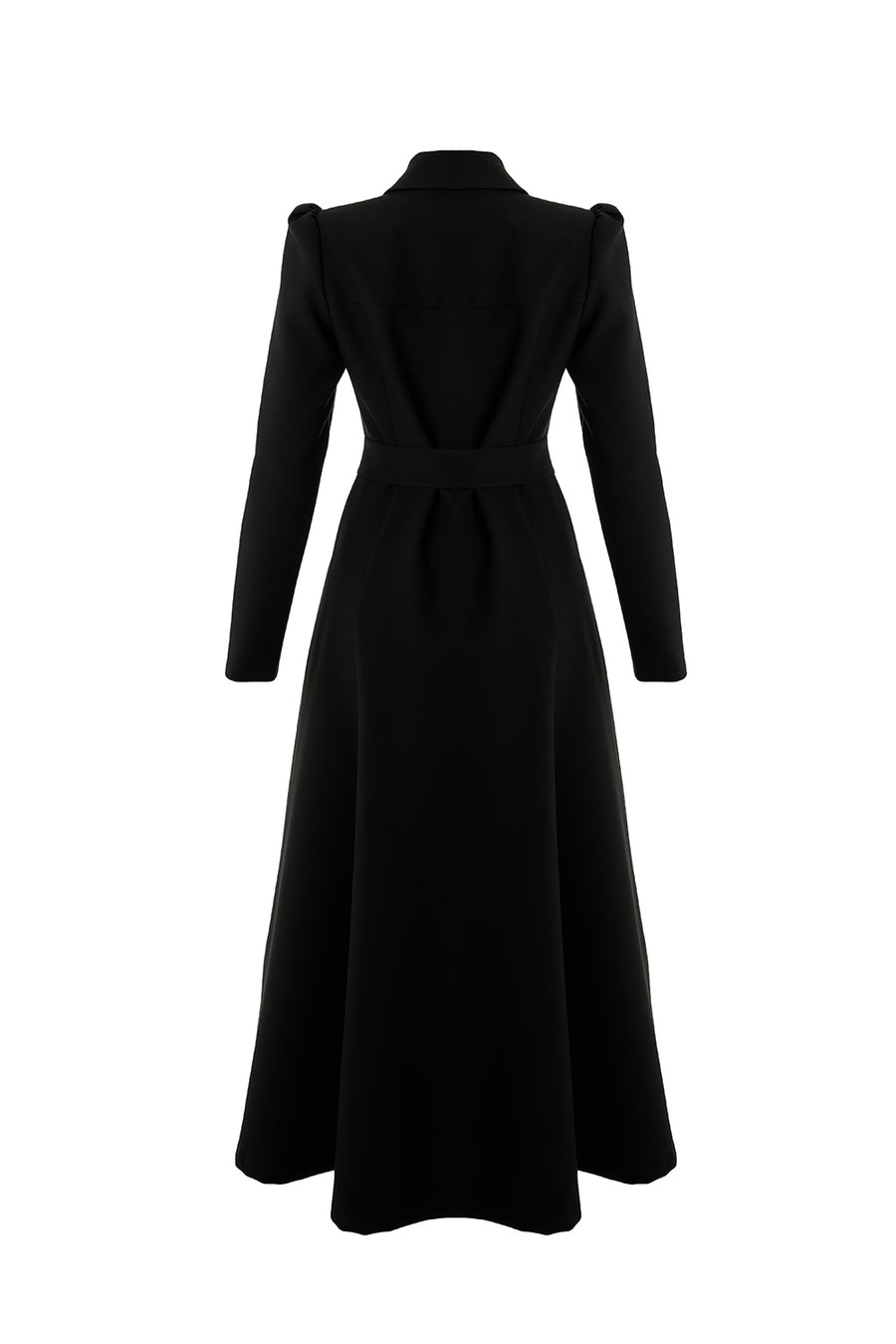 Önden Fermuarlı Kemerli Uzun Kol Slim Fit Siyah Midi Elbise