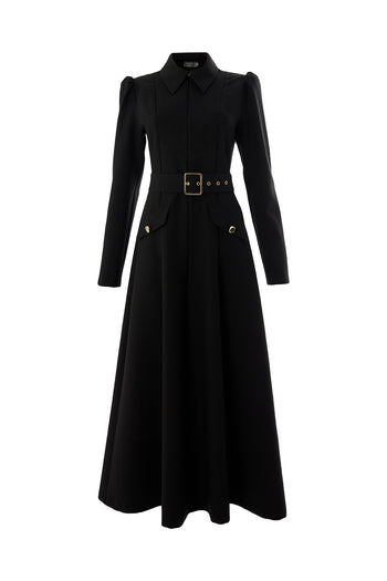 Önden Fermuarlı Kemerli Uzun Kol Slim Fit Siyah Midi Elbise
