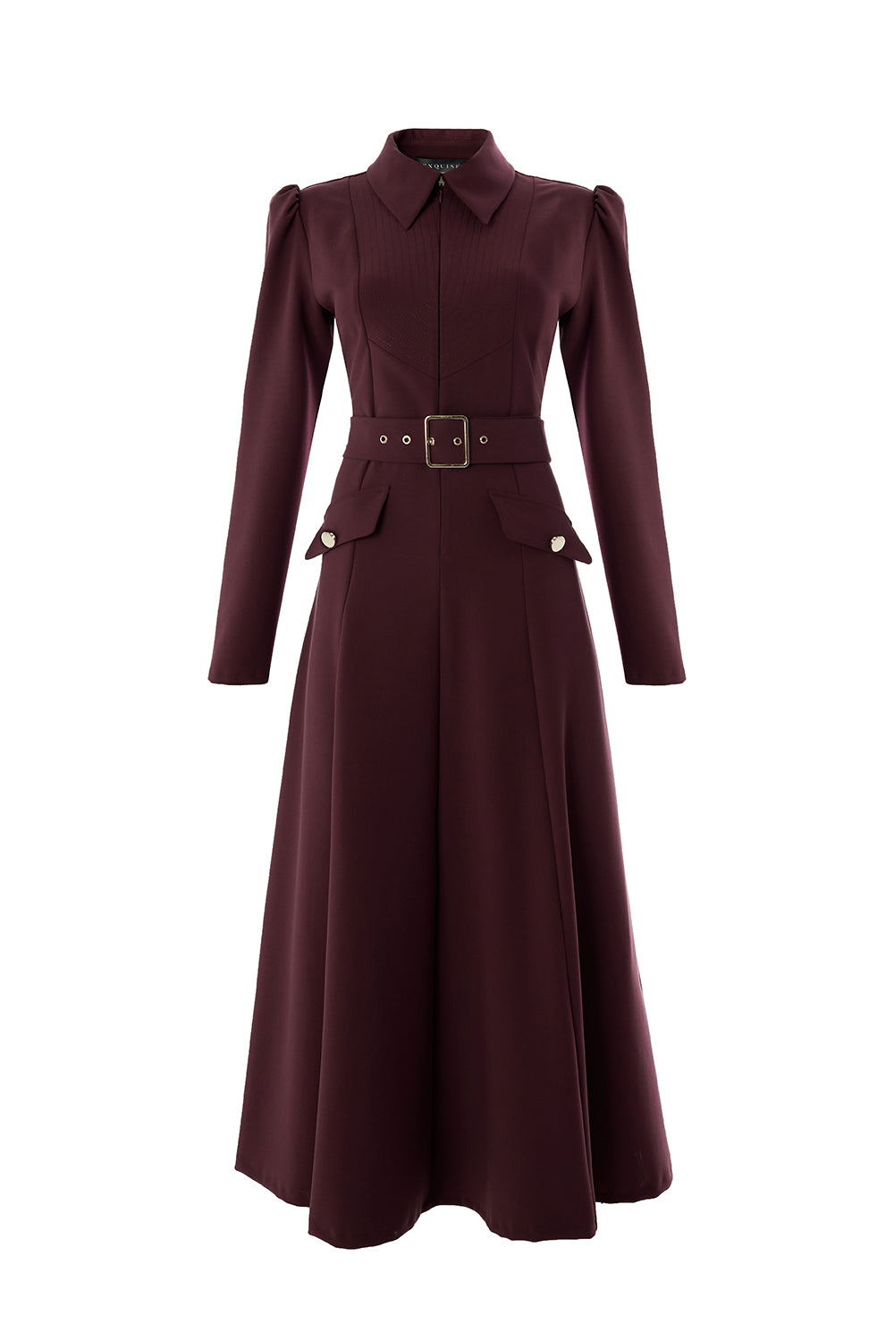 Önden Fermuarlı Kemerli Uzun Kol Slim Fit Vişne Midi Elbise