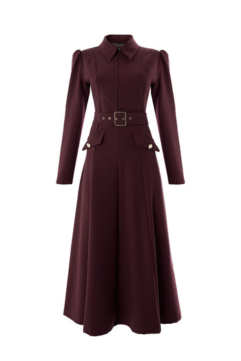 Önden Fermuarlı Kemerli Uzun Kol Slim Fit Vişne Midi Elbise