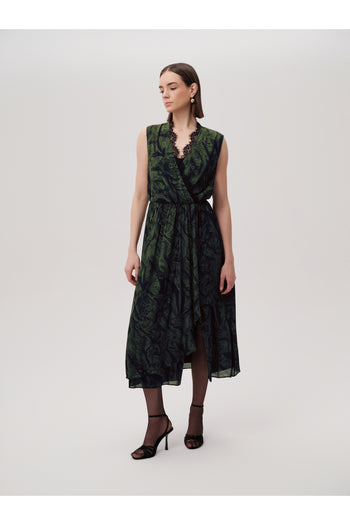 Desenli Kruvaze Dantel Yaka Yırtmaçlı Regular Midi Yeşil Elbise