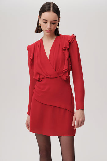 Kruvaze Yaka Uzun Kollu Slim Fit Mini Kırmızı Elbise