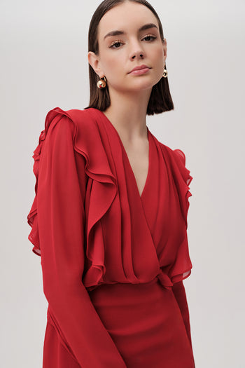 Kruvaze Yaka Uzun Kollu Slim Fit Mini Kırmızı Elbise