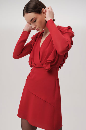 Kruvaze Yaka Uzun Kollu Slim Fit Mini Kırmızı Elbise
