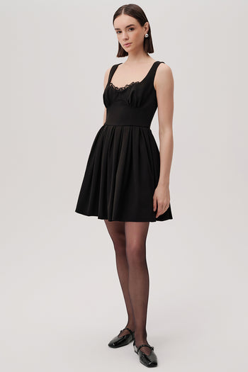 Dantel Detaylı Pileli Slim Fit Kuplu Mini Siyah Elbise