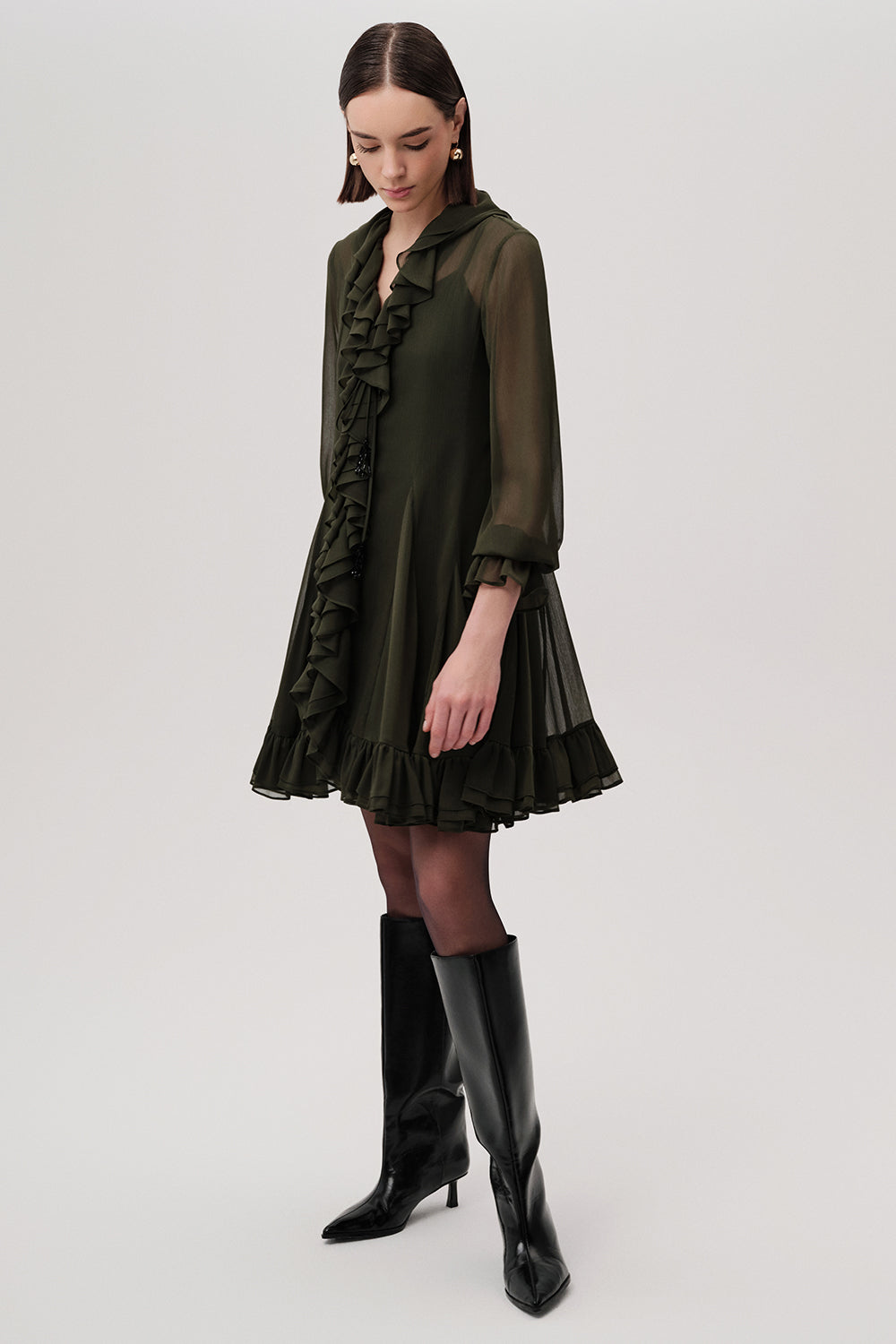 Fırfırlı V Yaka Uzun Kollu Regular Astarlı Mini Şifon Yeşil Elbise