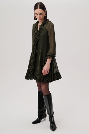 Fırfırlı V Yaka Uzun Kollu Regular Astarlı Mini Şifon Yeşil Elbise