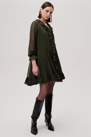 Fırfırlı V Yaka Uzun Kollu Regular Astarlı Mini Şifon Yeşil Elbise