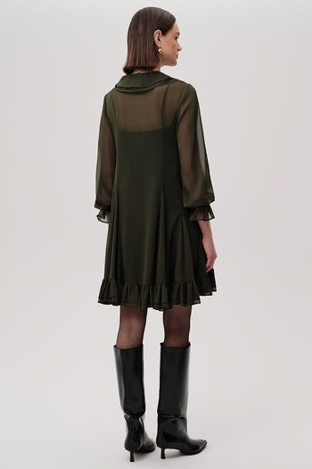 Fırfırlı V Yaka Uzun Kollu Regular Astarlı Mini Şifon Yeşil Elbise