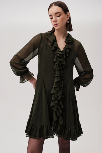 Fırfırlı V Yaka Uzun Kollu Regular Astarlı Mini Şifon Yeşil Elbise